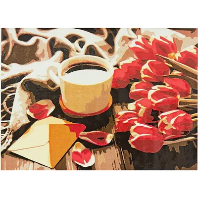 Картина по номерам \"Тюльпаны и чашечка кофе\"