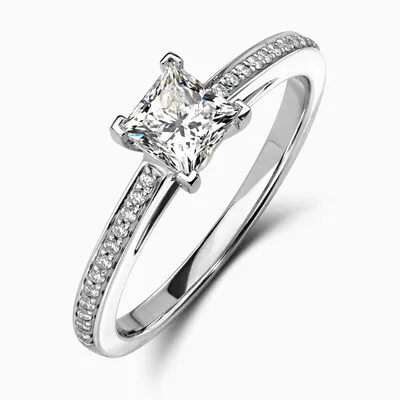 Помолвочное кольцо с бриллиантом огранки \"Принцесса\" и бриллиантовой  дорожкой купить в ювелирном интернет-магазине LA VIVION