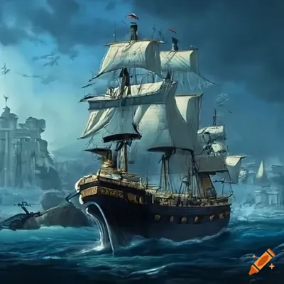пиратский корабль в бою с пушками, которые стреляют и курят Иллюстрация  штока - иллюстрации насчитывающей море, пират: 274128621