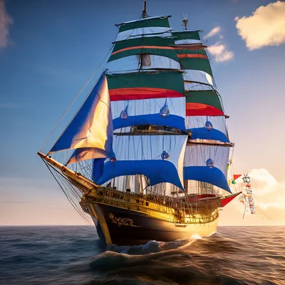 пиратский корабль, плавающий в открытом море с ветром в парусах Иллюстрация  штока - иллюстрации насчитывающей ветер, произведено: 274128519