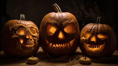 3 резные хэллоуинские тыквы на столе, хэллоуинские картинки, которые можно  вырезать на тыкве фон картинки и Фото для бесплатной загрузки
