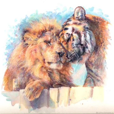 Картина \"Тигр и лев\", тигр, лев, год тигра в интернет-магазине на Ярмарке  Мастеров | Картины, Санкт-Петербург - доставка по России. Товар продан.