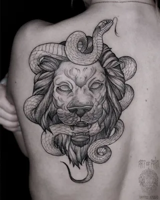 Татуировка женская графика на спине лев и змея 3844 | Art of Pain