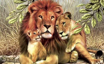 Фотография животное Львы Большие кошки Львица с львенком