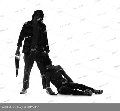 Силуэт маньяка с пилой и его жертвой на белом фоне :: Стоковая фотография  :: Pixel-Shot Studio