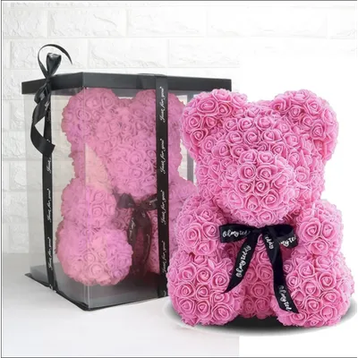 Мишка из роз розовый с бантиком 40 см в коробке- купить в СПб с доставкой в  интернет магазине \"Цветочкин\"