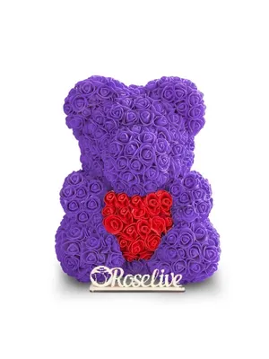 Мишка из роз фиолетовый с красным сердцем - купить в Киеве | Roselive