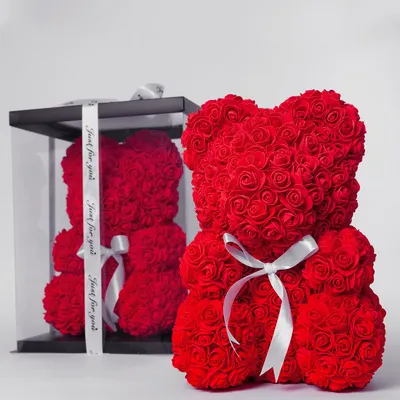 Мишка из роз красный с бантиком 40 см в коробке- купить в СПб с доставкой в  интернет магазине \"Цветочкин\"