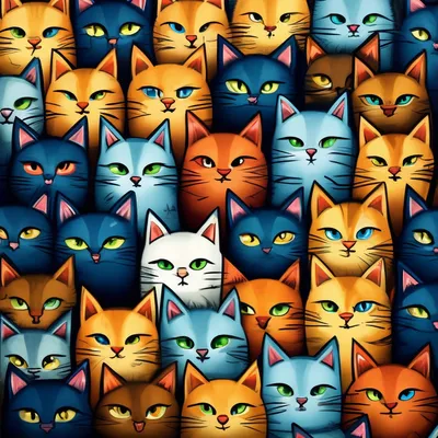 Много разноцветных мультяшных котиков…» — создано в Шедевруме