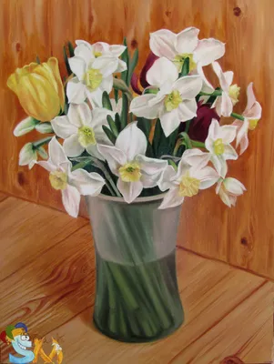 Картина маслом на холсте Нарциссы и тюльпаны Весна – заказать на Ярмарке  Мастеров – R2I3MBY | Картины, Череповец