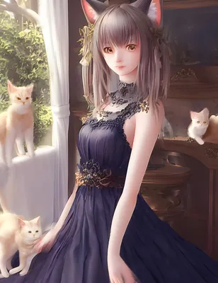 Картина “Девушка-неко с кошками (Аниме)” | PrintStorm