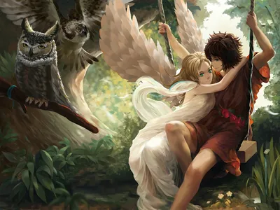 Картинки ночь, обрыв, парень, девушка, ангел, крылья, луна, поцелуй,  высота, облака, дерево, листья - обои 1280x800, картинка №115229