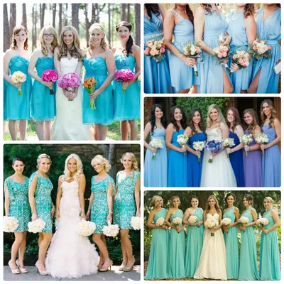 Прикольное фото невесты в окружении подружек в бирюзовых платьях