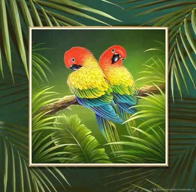 Пара попугаев-неразлучников, зелёно-…» — создано в Шедевруме