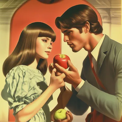 Девушка ест яблочко из рук любимого…» — создано в Шедевруме