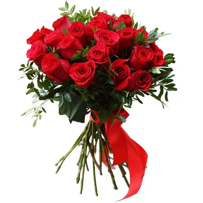 Букет от 21 червени рози със зеленина - от категория РОЗИ (SamoRozi.com)