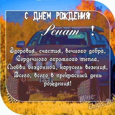 Открытка Ренату на день рождения с красивым пожеланием самолетом и девушкой  — скачать бесплатно