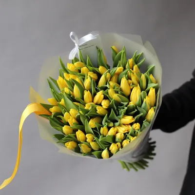 Букет 51 тюльпан в коробке, желтые купить за 8 590 руб. с круглосуточной  доставкой по Москве | Мосцветторгком
