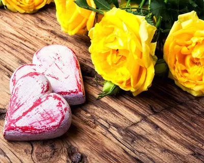 Скачать обои фон, дерево, розы, сердечки, красные, три, День святого  Валентина, раздел цветы в разрешении 2560x1440