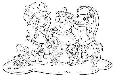 Раскраска - Шарлотта Земляничка: Ягодные приключения - Шарлотта Земляничка  и Черничка Кексик лепят снеговика | MirChild