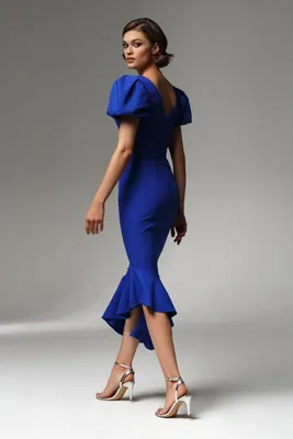 Купить трикотажное синее платье ниже колен в рубчик в Beige