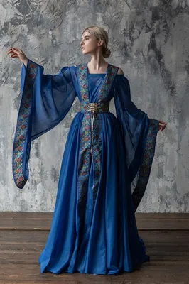 Длинное синее платье с геометрическим орнаментом - П16/10-293 - 22836