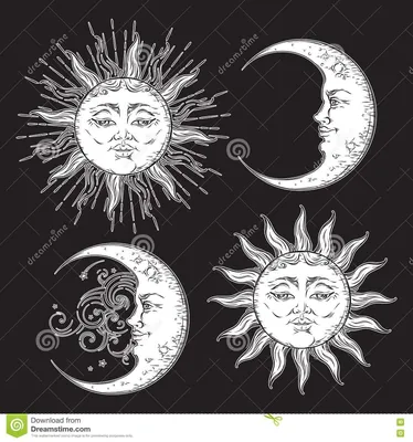 Мистический рисунок: стилизованное солнце и луна с человеческим лицом, днем  и ночью Символ Зена Иллюстрация вектора - иллюстрации насчитывающей  конструкция, эмблема: 159067647