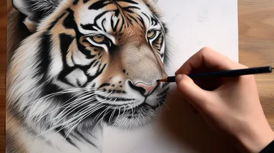 человек карандашом рисует морду тигра, картинка тигра нарисовать, животное,  дикая природа фон картинки и Фото для бесплатной загрузки