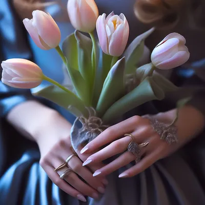 Фото В руках девушки букетик тюльпанов