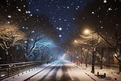 ночной город с деревьями и снегом падающим на улицу, уличный фонарь,  уличное дерево, улица фон картинки и Фото для бесплатной загрузки