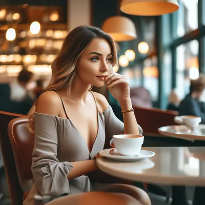 Девушка в кафе, сидит за столиком…» — создано в Шедевруме