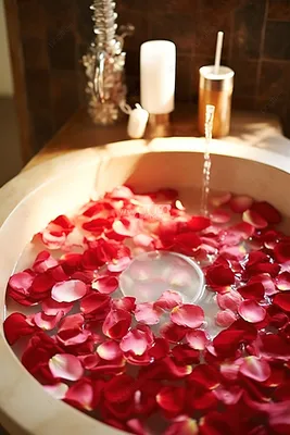 Белая ванна с лепестками розы Принимать ванну с розами Стоковое Фото -  изображение насчитывающей пена, цветок: 114990960