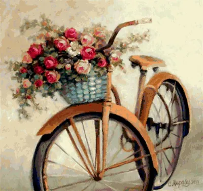 Велосипед украшенный цветами в ландшафтном дизайне, в саду