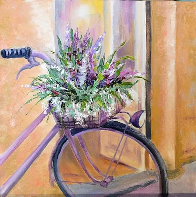 Картина \"Велосипед с корзиной цветов\" масло холст VV20792 - отзывы, видео,  инструкция. 2015 год Сувениры, брелоки, подарки для : Велосипедний магазин  VeloOnline