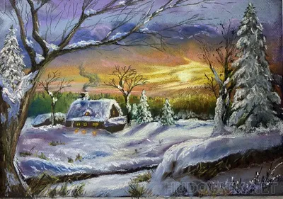 Скачать обои Зимний вечер в деревне на рабочий стол из раздела картинок  Картины художников