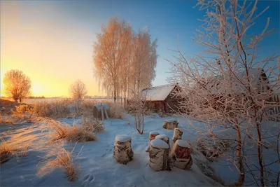 Зимний вечер в деревне. Stock Photo | Adobe Stock