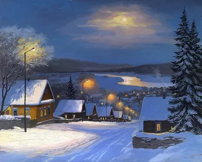 Сказочный и снежний зимний вечер в деревне - обои на рабочий стол