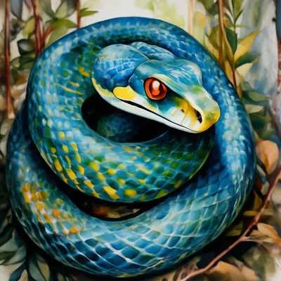 Акварельный рисунок змеи с сине-…» — создано в Шедевруме