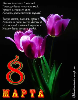 Катя! С 8 марта! Красивая открытка для Кати! Красивая картинка ГИФ с  красивыми цветами и щенком мопса.
