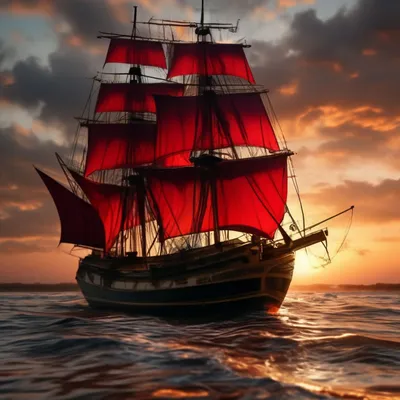Корабль с алыми парусами, на закате…» — создано в Шедевруме