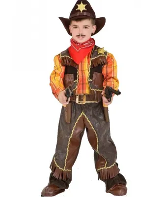 Детский костюм \"Ковбой\" для мальчика: жилетка, накладки на туфли, платок,  пояс, рубашка, штаны, шляпа, 2 револьвера (Италия) купить в Новосибирске