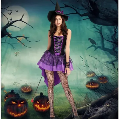 Костюм ведьмы для девочек, 4 шт., костюм ведьмы с шляпой ведьмы, метлой,  квадратным вырезом, кружевное Тюлевое платье ведьмы без рукавов для  Хэллоуина | AliExpress