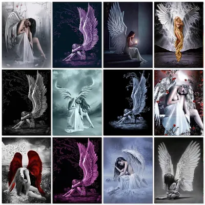 Фото Девушка ангел с белыми крыльями в белом платье, перевязанном красным  поясом стоит среди белых нарциссов и наблюдает за полетом двух ангелов,  девушки с черными крыльями и парня