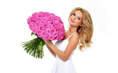 Фотографии блондинок Красивые букет роза розовые Девушки Белый фон