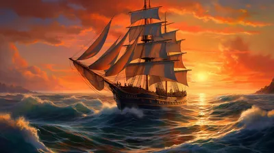 Парусный корабль на фоне заката - Из рубрики \"Красивые открытки бесплатно\"  | Нейронный Арт | Дзен
