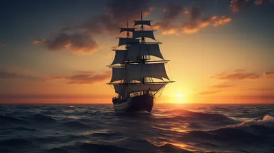 Парусный корабль на фоне заката - Из рубрики \"Красивые открытки бесплатно\"  | Нейронный Арт | Дзен