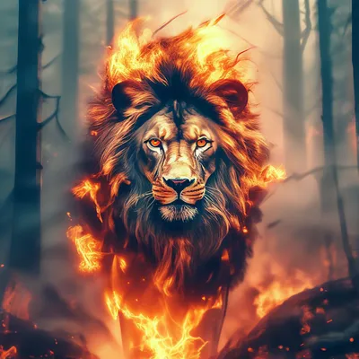 Супер красивый лев в горящем лесу …» — создано в Шедевруме