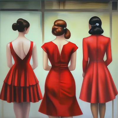 Три леди в красном со спины …» — создано в Шедевруме