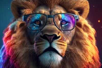 Лев в очках со словом лев на нем | Премиум Фото