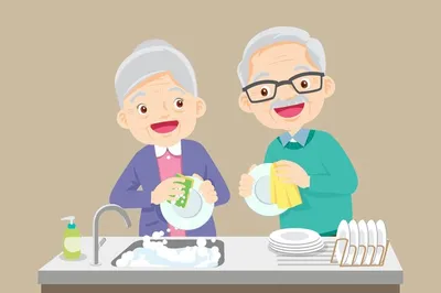 Бабушка моет посуду с дедушкойпожилая пара вместе моет посуду на кухне |  Премиум векторы